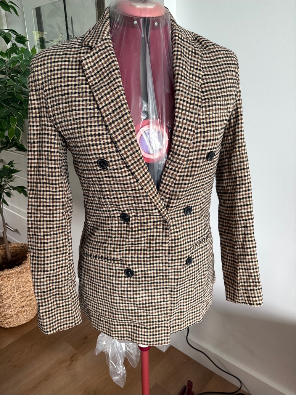 ZXQJ WOMAN Black Lined Jacket with Brown Plaid Trim